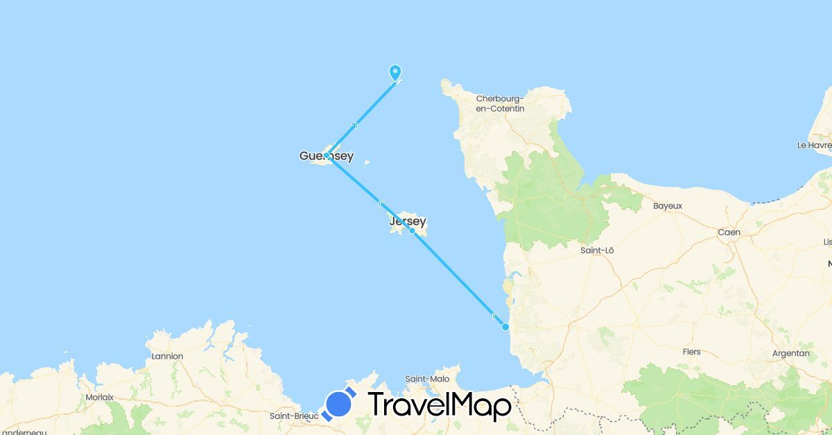 TravelMap itinerary: driving, boat in France, Guernsey, Jersey (Europe)